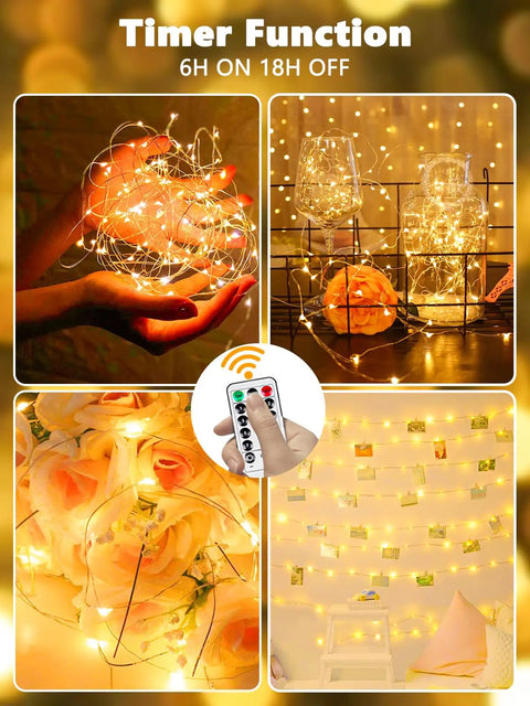 78Ft 240 LED Fairy Lights Battery Operated With Timer And Remote, displayed in various cozy indoor settings