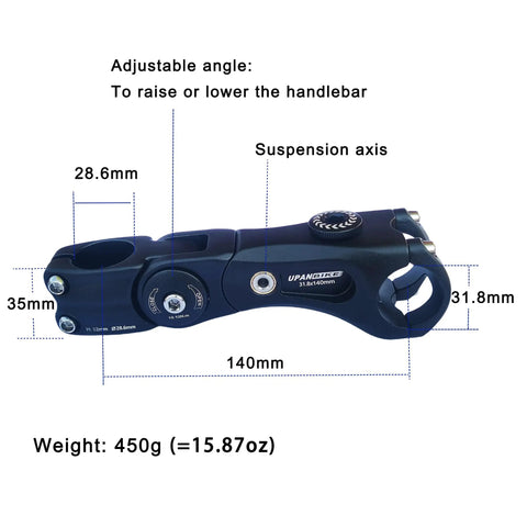 Suspension Bike Stem 100mm Shock Absorbing Handlebar Stem with 28.6mm steerer, 31.8mm bar, adjustable angle, and suspension axis.
