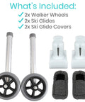 Heavy Duty Walker Wheels And Ski Glides Conversion Kit Built Like A Tank For Smooth Folding Mobility Rollers featuring 2 gray wheels and ski glides.