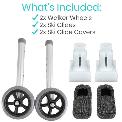 Heavy Duty Walker Wheels And Ski Glides Conversion Kit Built Like A Tank For Smooth Folding Mobility Rollers featuring 2 gray wheels and ski glides.