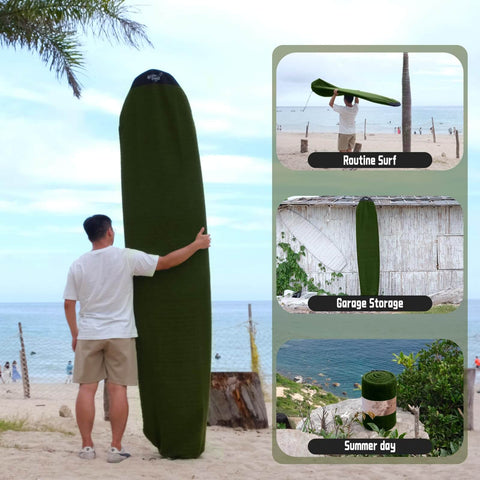 Man with Fabric Sock For Nine Foot Six Longboard With Rounded Nose In Treetop Green Surfboard Cover on beach