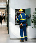 Technician using No Sweat Heavy Duty Flush Mount Aluminum Drywall Access Panel for plumbing access in a shopping mall.