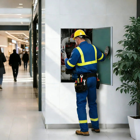 Technician using No Sweat Heavy Duty Flush Mount Aluminum Drywall Access Panel for plumbing access in a shopping mall.