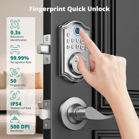 Slick Fingerprint Keyless Entry Door Lock With Sturdy Lever Handle Set In Brushed Nickel Finish with hand using fingerprint unlock.
