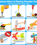 44 Piece Wooden Kids Tool Set With Drill, STEM Montessori toys showcasing electric drill, screwdrivers, hammer, and more.