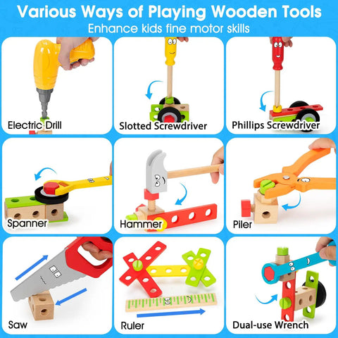 44 Piece Wooden Kids Tool Set With Drill, STEM Montessori toys showcasing electric drill, screwdrivers, hammer, and more.