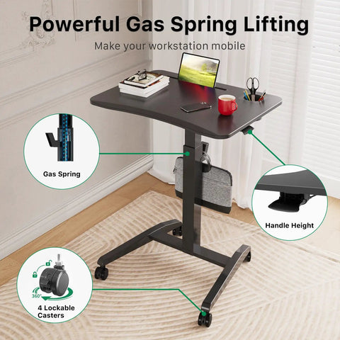 Image of Height Adjustable Rolling Laptop Desk With Cup Holder and Wheels 27 Inch Portable Sit Stand Workstation with pneumatic lift
