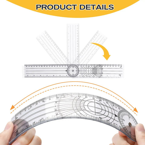 Straight Up Best Two Piece Clear Plastic Goniometer Set With Nifty Seven Inch Flexible Arms And Trustworthy Angle Finding Protractor Ruler For Homework And Man Cave Projects showing flexible rulers bending for angle measurement.