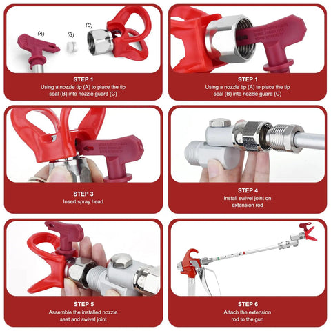 Step-by-step assembly instructions for Nifty 16 Piece Airless Paint Sprayer Gun Kit with 3600 Psi Pressure.