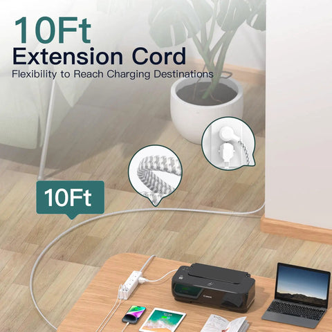 Power Strip With 12 Wide Outlets And 4 USB Ports, 10 Ft Flat Plug Extension Cord, Wall Mountable Surge Protector setup scene