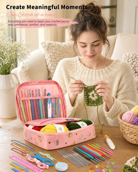 Woman using No-Brainer Crochet Starter Kit For Beginners With Ergonomic Hooks And 59-Piece Yarn Bundle All-In-One Set, smiling.