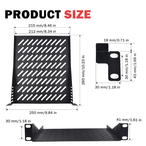 Product size diagram for 2 Pack 10 Inch 1U Rack Shelf Slick Vented Cantilever Tray with dimensions 215mm x 250mm x 260mm.
