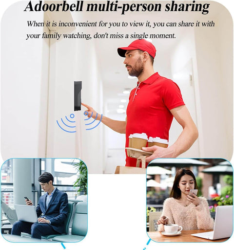 Waterproof Wireless Video Doorbell With 4.3 Inch HD Monitor in use by delivery person, sharing view with family members on devices.