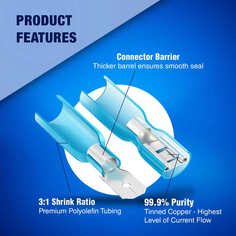 Product features of Dope Heat Shrink Spade Connectors Kit With KableSeal Tech, double wall tubing, tin plated copper, AWG 22-10.