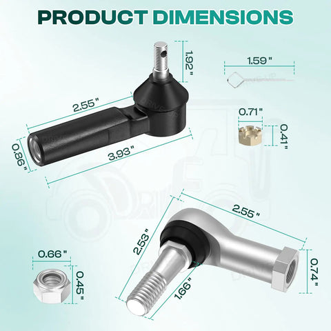 EZGO TXT Golf Cart Ball Joint Kit And Tie Rod End Set Fits 2001 Up 36V Electric Or Gas, black and silver parts with dimensions