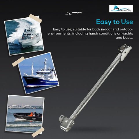 304 Stainless Steel Hatch Lid Support Spring Holder Built Tough For Yachts Campers Hatches And Doors shown with marine images.
