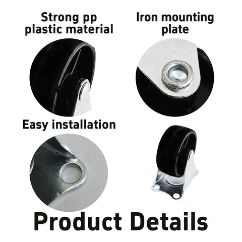 4 Pack 2 Inch Heavy Duty Caster Wheels With Solid Iron Mounting Plate Built Like A Boss showing strong pp plastic and durable iron mount.
