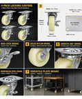 Straight Up No Fuss Setup 4 Pack Three Inch Swivel Plate Casters With Side Lock Brakes And Pale Yellow Nylon Wheels, showing locking design and dimensions.