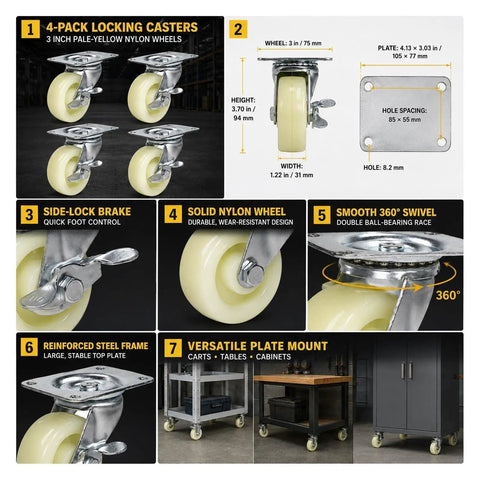 Straight Up No Fuss Setup 4 Pack Three Inch Swivel Plate Casters With Side Lock Brakes And Pale Yellow Nylon Wheels, showing locking design and dimensions.