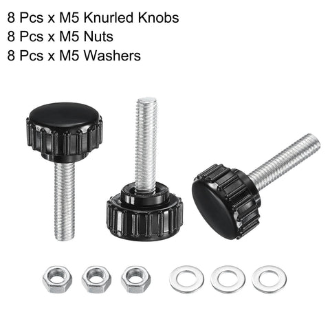 Beefy 8 Sets Knurled Knobs Thumb Screws With Nuts And Washers, M5 x 20mm, 18mm Black Plastic Head, Zinc Carbon Steel