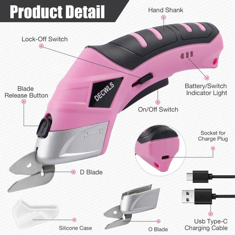Hot 4V Cordless Electric Scissors With 3 Sharp Blades For Fabric And Cardboard detail showing design, features, and charging port.