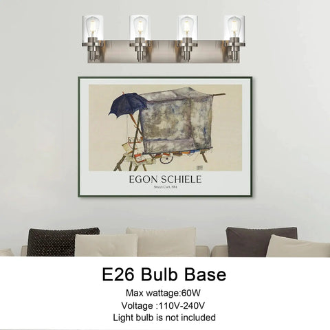 Four Light Vanity Light In Brushed Nickel With Clear Glass Shades, E26 Base Industrial Wall Lamp Above Artwork