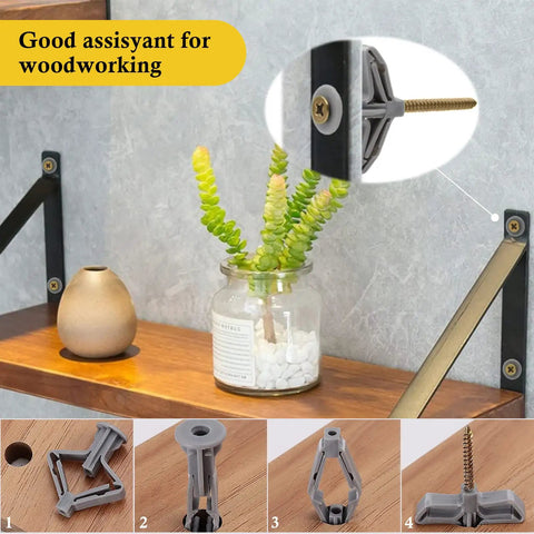 Self Drilling Drywall Anchor Kit With Screws For Hollow Walls And Gypsum Board Nylon Expansion Plugs shown mounted on a shelf.