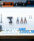 Lit 2 Foot LED Shop Light Kit 22W 3300 Lumens 6000K for Workbenches with tools on a pegboard and storage boxes above