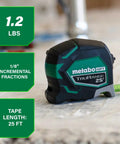 TruRange 25 Ft Measuring Tape With 17 Ft Standout, High Visibility Green Blade on a job site surface showcasing specs