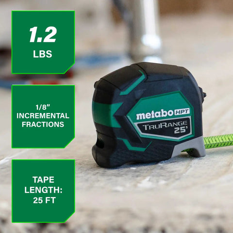 TruRange 25 Ft Measuring Tape With 17 Ft Standout, High Visibility Green Blade on a job site surface showcasing specs