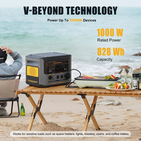 FlashSpeed 1000 Portable Solar Generator 828Wh LiFePO4 With Jumper Cables on beach table with grill and drinks