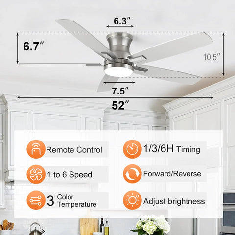 52 Inch Flush Mount Brushed Nickel Ceiling Fan With Light And Remote, Ultra Quiet DC Motor, Dimmable LED Light, 6 Speeds
