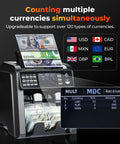 Munbyn Imc08 Dual Pocket Money Counter Machine Sorts Mixed Denomination Bills With Value Counting And Counterfeit Detection displaying multiple currencies.