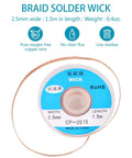 Desoldering Wick Solder Braiding 2.5mm Width 1.5m Length with blue label showing specifications for electronics repair.