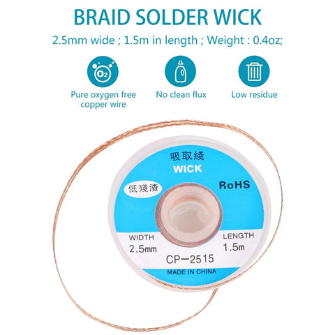 Desoldering Wick Solder Braiding 2.5mm Width 1.5m Length with blue label showing specifications for electronics repair.