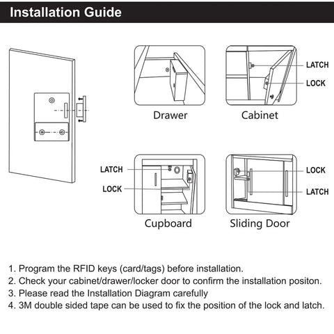 Installation guide for RFID Cabinet Lock System With USB Cable For Wooden Drawers And Cupboards, Hidden Electronic Lock For Gun Boxes.