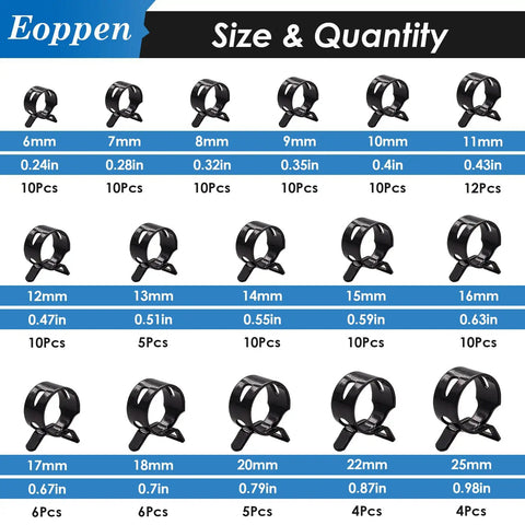 132 Piece Spring Hose Clamps Kit With Swivel Flat Band Pliers 6 To 25mm Assortment sizes and quantities chart