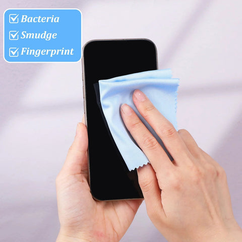 Light-blue microfiber cleaning cloth, 6 x 7 in, for wiping glasses and smartphone screens