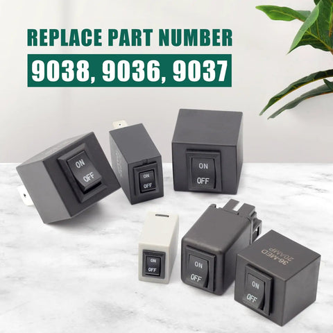 9038 Fuel Pump Relay Bypass Master Kit Pack Of 6 switches on marble surface with part numbers 9036, 9037