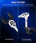 Beefy 14 Piece Jumbo Crowfoot Wrench Set With SAE Sizes From 1-1/16 Inch To 2 Inch For Flare Nut Removal Fits 1/2 Inch Drive Rachets And Extenders Blackened Cr-V Steel Crowfoot Wrenches With Carry Case, shown with ratchet and extender use