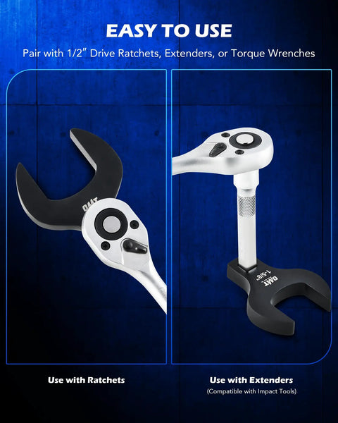 Beefy 14 Piece Jumbo Crowfoot Wrench Set With SAE Sizes From 1-1/16 Inch To 2 Inch For Flare Nut Removal Fits 1/2 Inch Drive Rachets And Extenders Blackened Cr-V Steel Crowfoot Wrenches With Carry Case, shown with ratchet and extender use