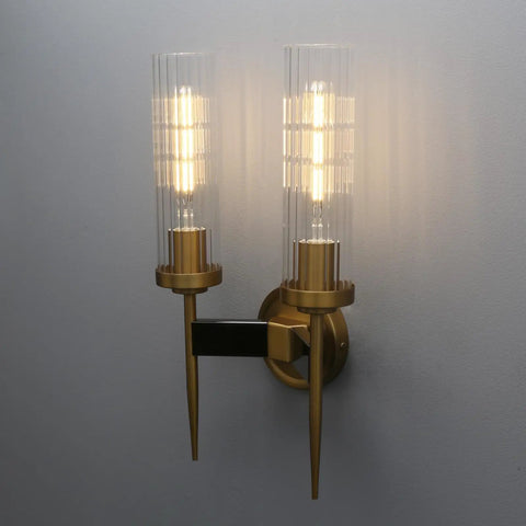 Two-Light Gold Brass Wall Sconces with 2.8 Inch Cylindrical Clear Glass Shades, Dimmable, E26 Base Compatible, 110-120V