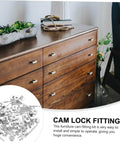 20 Sets Furniture Connecting Cam Fittings Kit Connectors Dowels For Cabinets, Easy Installation, shown with a wooden dresser