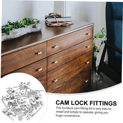 20 Sets Furniture Connecting Cam Fittings Kit Connectors Dowels For Cabinets, Easy Installation, shown with a wooden dresser