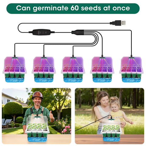Self Watering Seed Starter Tray With Grow Light 60-Cell 5-Pack Reusable Seedling Trays in use outdoors and indoors with family