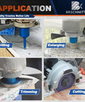 Top Shelf Diamond Core Drill Bit And Tile Hole Saw Kit featuring slick segmented blades in use for drilling, enlarging, trimming, and cutting.