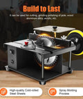 Portable Multi Function Table Saw With Drill Chuck And Sanding Kit, 200W Copper Motor, sturdy build with exposed saw blade.