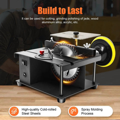 High Torque Mini Table Saw With A Rock Solid Sliding Cutting Bed And Quick Angle Adjustments For Blazing Fast Woodwork Polishing and Ridiculously Smooth DIY Hobby Projects, featuring steel sheets, compact design.