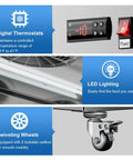 Digital controls, LED lighting, and swivel wheels of 54 Inch Wide Two Door Commercial Freezer Featuring 49 Cubic Feet Of Sleek Stainless Steel Build And Automated Digital Thermostat Control Engineered As A Heavy Duty Kitchen Rig For Bars And Restaurants.