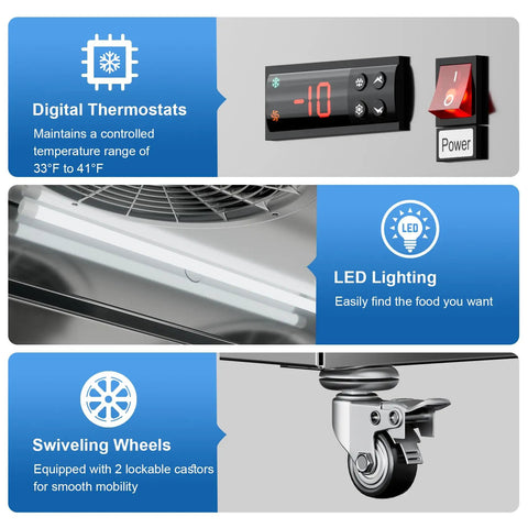 Digital controls, LED lighting, and swivel wheels of 54 Inch Wide Two Door Commercial Freezer Featuring 49 Cubic Feet Of Sleek Stainless Steel Build And Automated Digital Thermostat Control Engineered As A Heavy Duty Kitchen Rig For Bars And Restaurants.